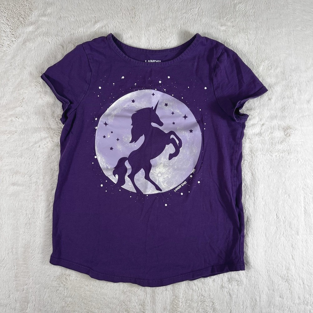 Lands' End Girls Purple Unicorn Moon Stars Graphic T-Shirt Kids Size M
